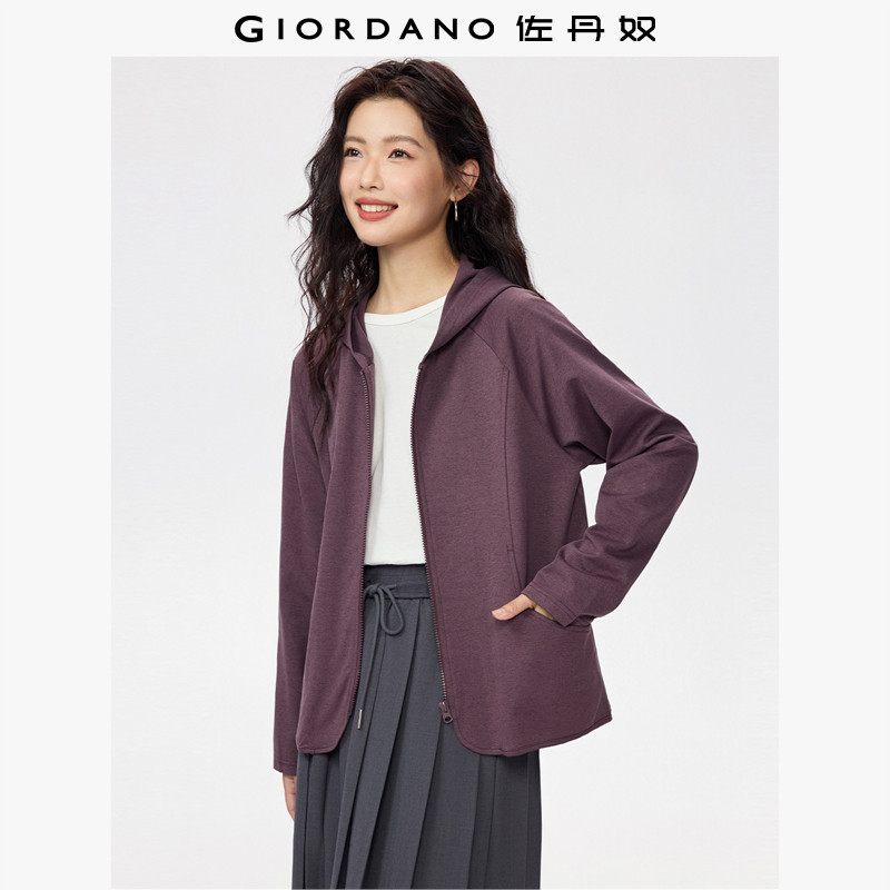 佐丹奴休闲外套女新款弧形口袋连帽插肩拉链运动卫衣开衫05375462