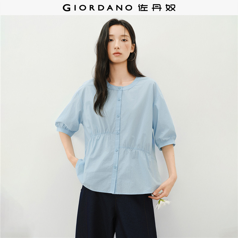 佐丹奴衬衫女装纯棉不对称褶皱圆领中袖梭织衬衫 18346720