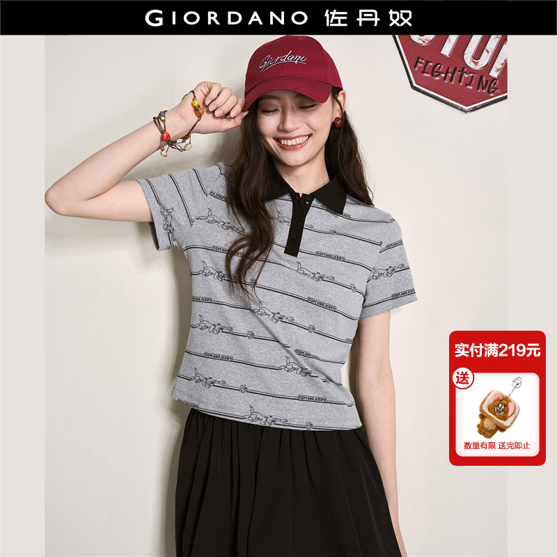 [猫和老鼠联名]佐丹奴短袖Polo衫女薄款条纹撞色翻领上衣18316502