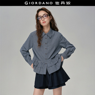 女长袖 纯棉宽松花边格纹衬衫 18345911 佐丹奴2026年春新款 设计师款