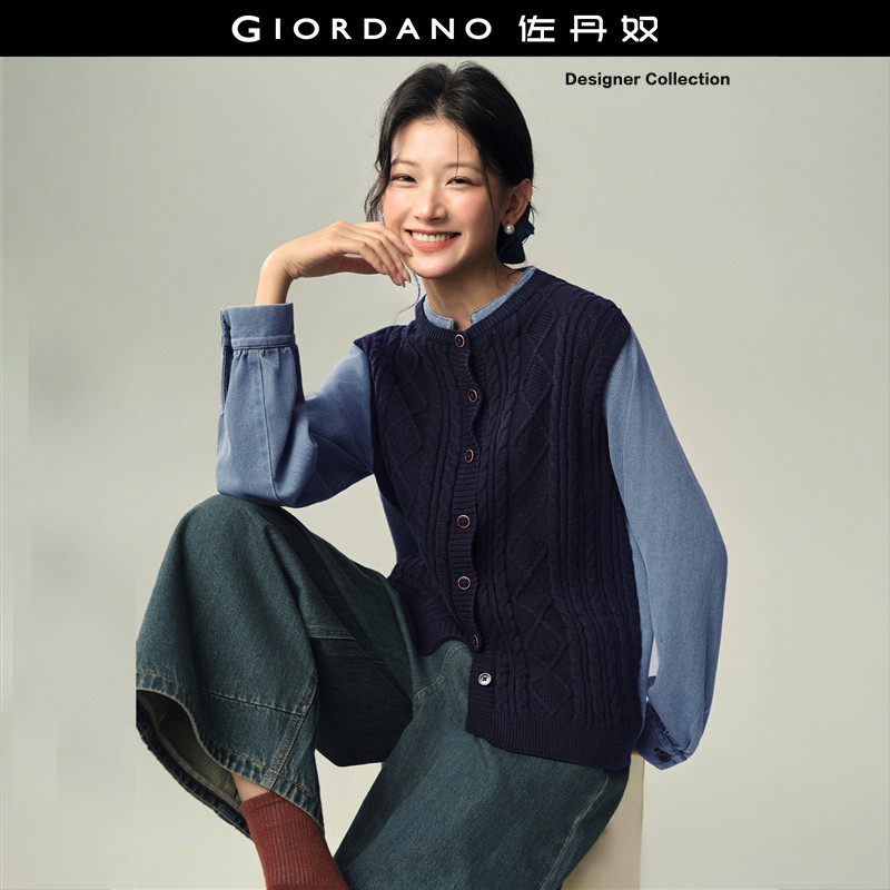 设计师款佐丹奴复古风假两件绞花拼接牛仔宽松立领外套女183762