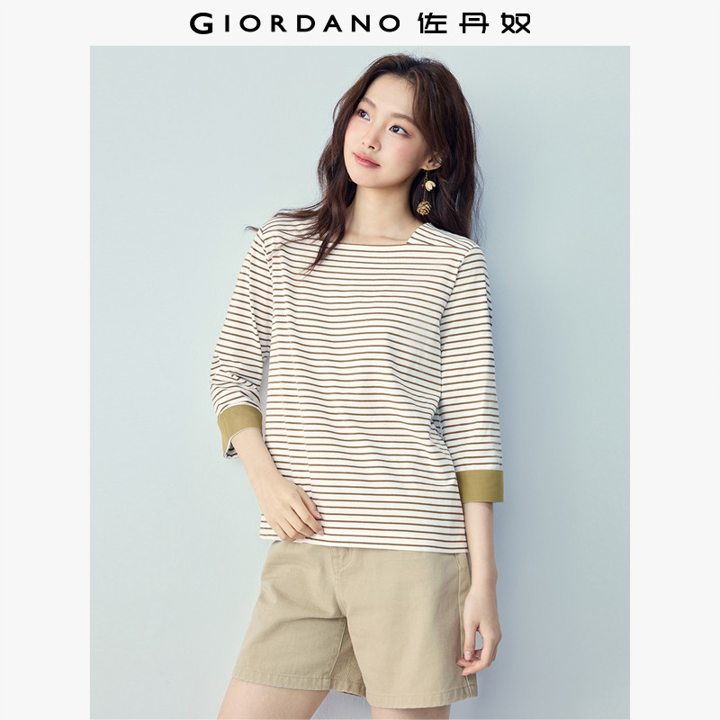 佐丹奴条纹T恤女夏季新款纯棉航海系方领七分袖休闲上衣13326236
