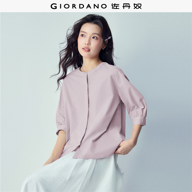 佐丹奴衬衫女装纯棉圆领暗门筒中袖梭织休闲衬衫 13346204