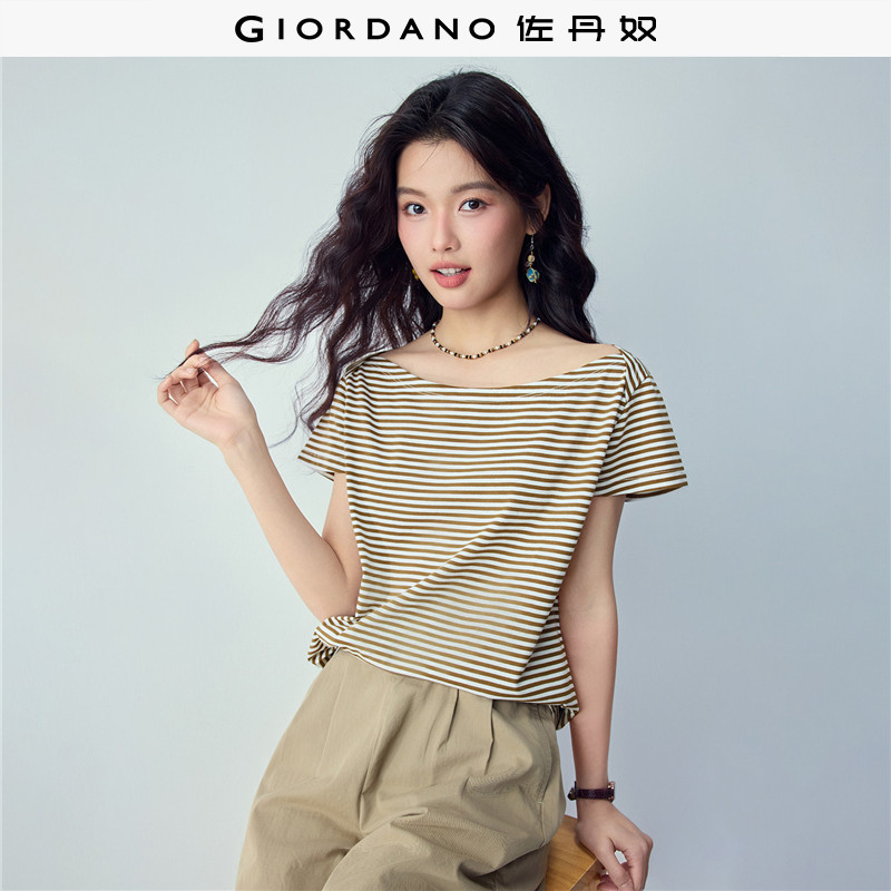 佐丹奴条纹T恤女2026年夏季新款纯棉一字领针织短袖上衣13326235