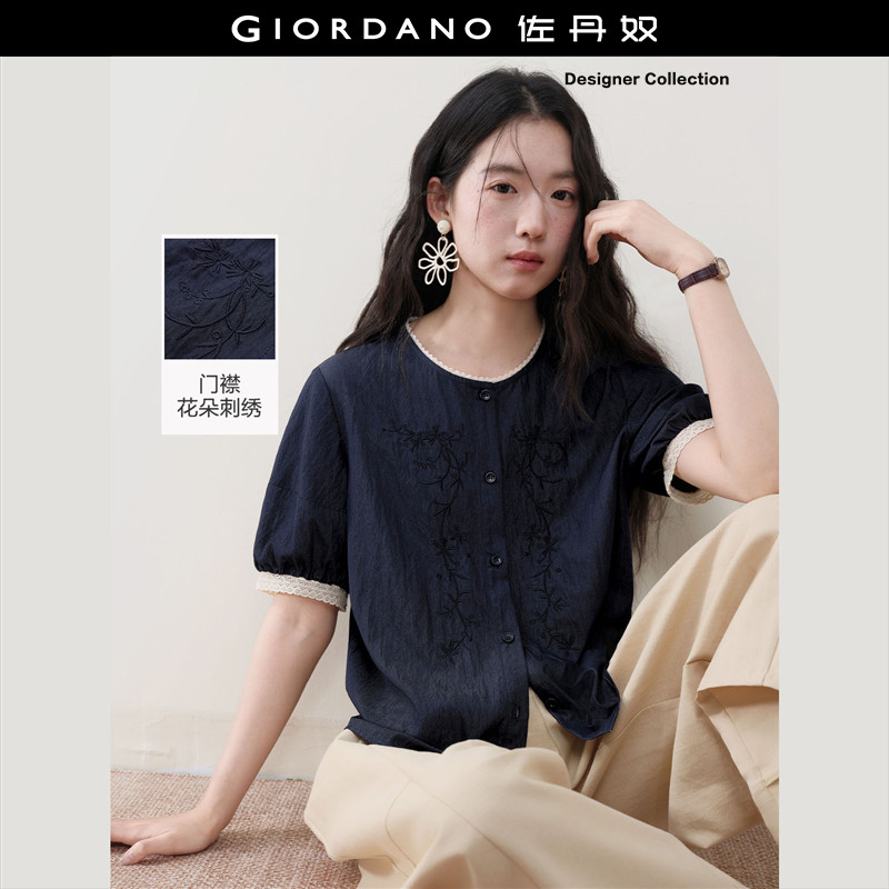 Giordano短袖仿牛仔衬衫刺绣图片