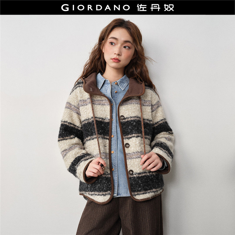 Giordano撞色条纹毛呢外套连帽