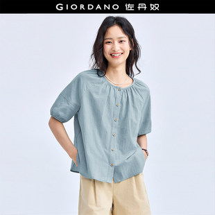 衬衫 设计师款 文艺纯棉宽松圆领插肩短袖 新款 女18344213 佐丹奴夏季