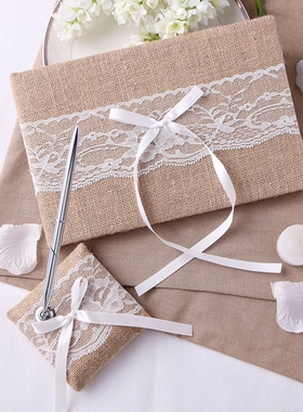 RedBox婚庆用品guest books小文艺天然麻布蕾丝婚礼签名册签字笔