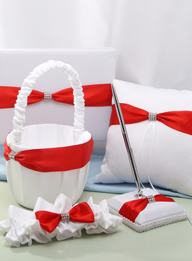 西式婚礼用品红白抓链新娘戒枕托花篮签到本留言簿结婚袜带套装
