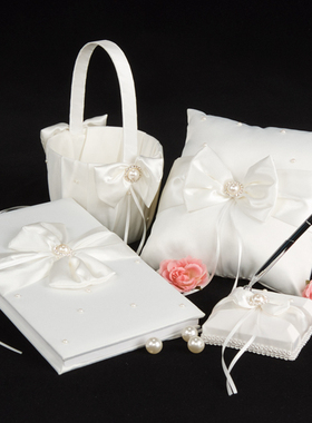 欧美米白宽边大花结珍珠饰结婚花篮新娘戒托婚礼宾客留言簿签名册