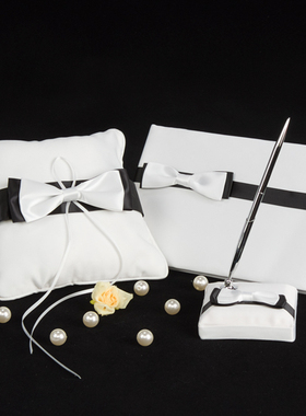 欧美婚庆用品 黑白蝴蝶结婚礼新娘戒枕交换戒指盒 宾客签到用品