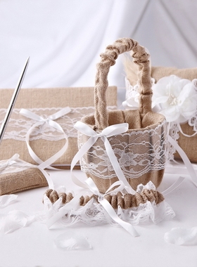 复古棉麻蝴蝶结蕾丝戒指枕托花童篮子新年袜带签名册结婚用品套装