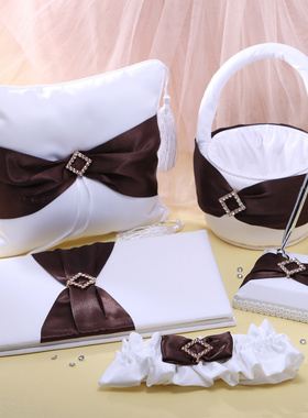复古巧克力色缎布金钻签到本花童花篮戒枕签字笔袜带套装婚庆用品
