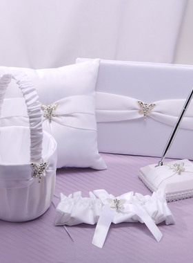新娘配件美式结婚套装蝴蝶吊坠水钻饰白色戒枕花篮签名簿袜带组合