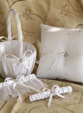亚马逊速卖通婚庆用品花童花篮戒枕新娘结婚袜带套装白蝴蝶结钻