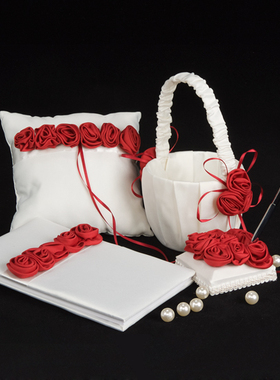 欧式婚庆道具红玫瑰缎布花手提婚礼花童手工插花篮戒枕签到簿套装