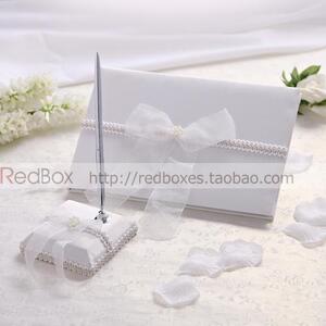 RsedBox婚庆用品 米白飘逸花结婚签名本 礼金簿签字笔带笔座