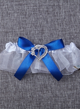 RedBox西式结婚用品 婚庆 宝蓝色蝴蝶结爱心钻新娘袜带 纯白色