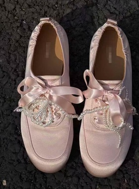 安妮欧货女鞋2026年早春新款真丝绸缎圆头系带珍珠蝴蝶平底乐福鞋