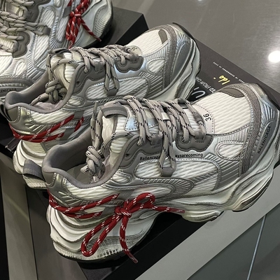 牛皮拼透气网圆头系带厚底老爹鞋