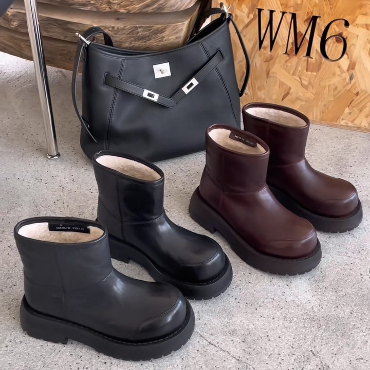 牛皮圆头套筒厚底保暖羊毛雪地靴