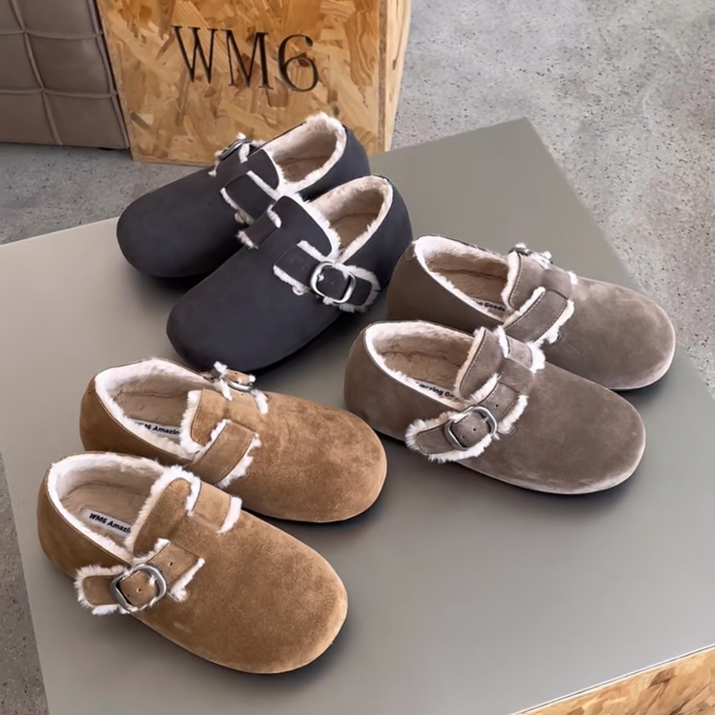 牛猄拼色圆头皮带扣绒里乐福鞋