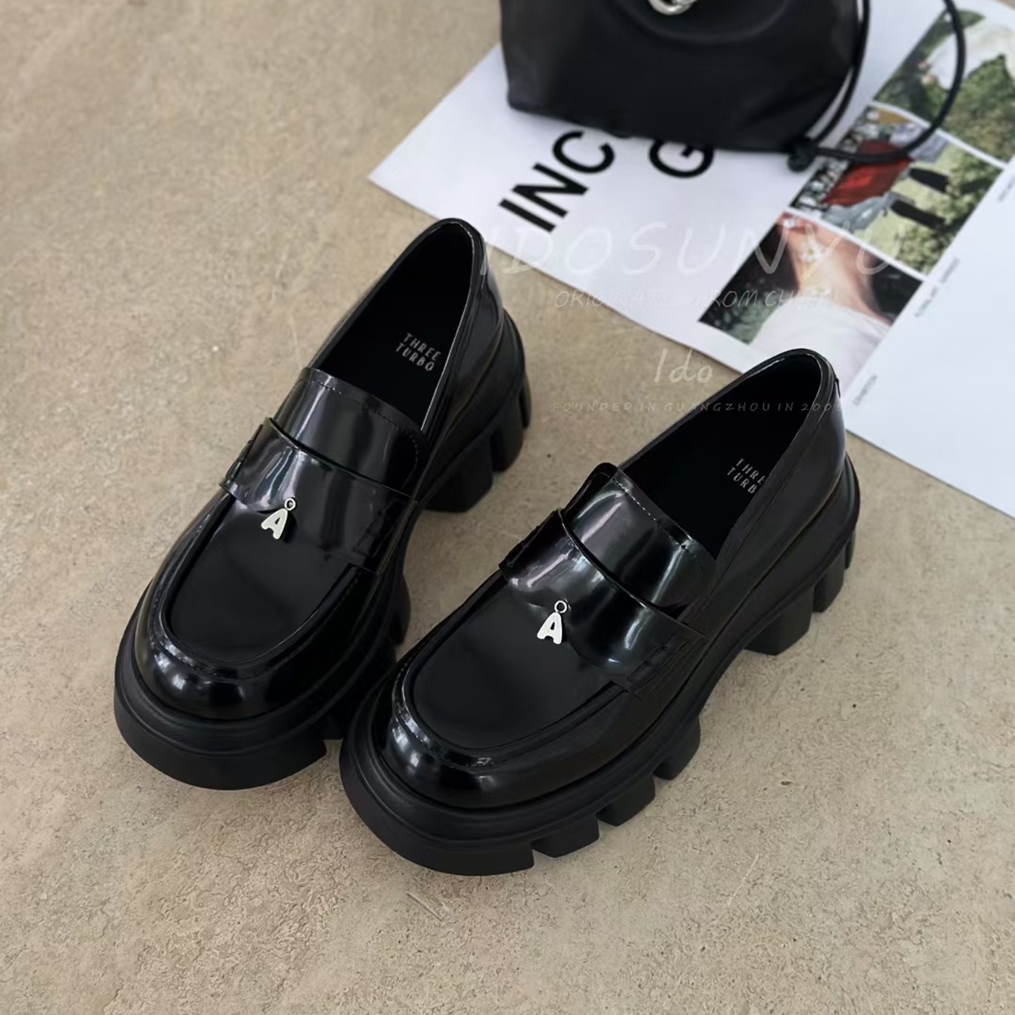 牛皮圆头一脚蹬厚底休闲乐福鞋