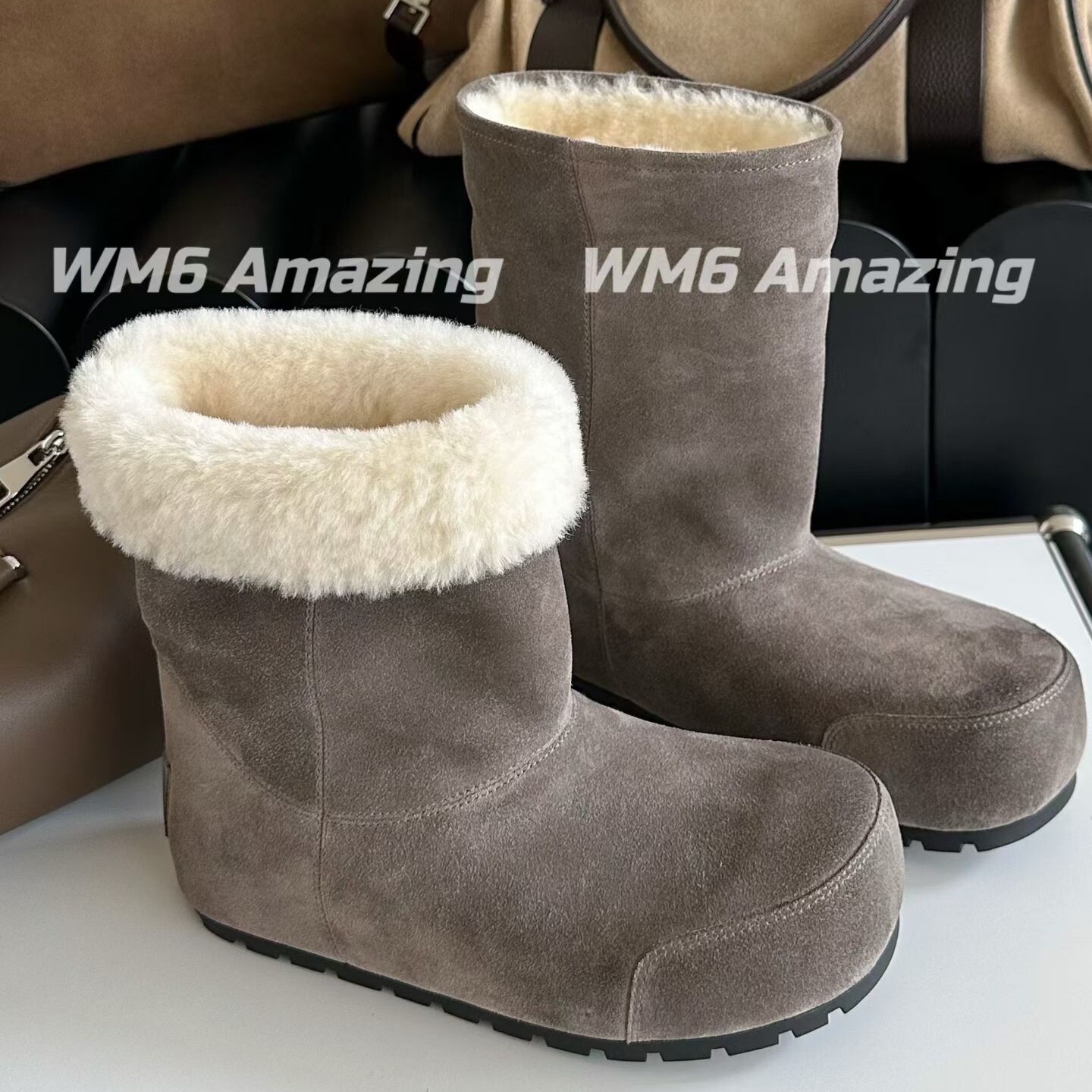 秋冬牛猄皮羊毛厚底中筒雪地靴