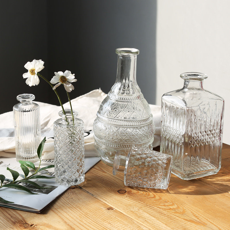 追花【青屿玻璃花瓶】水培浮雕透明复古小花瓶民宿桌面插花日式