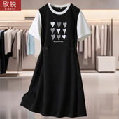 2025夏装 胖mm圆领拼色爱心印花收腰连衣裙女 中长裙大码 棉新款 时尚