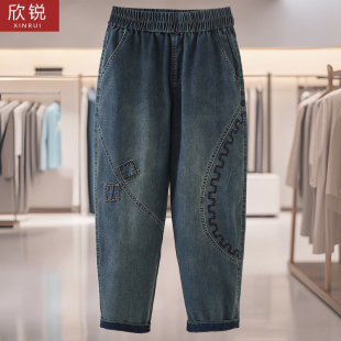 中老年妈妈装贴布九分牛仔裤女2025新款大码宽松显瘦奶奶裤直筒裤