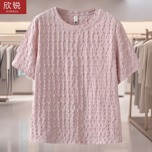 中年妈妈宽松纯色褶皱短袖T恤夏
