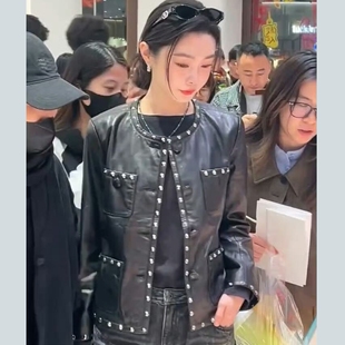 宋轶明星同款短款铆钉机车风pu皮衣圆领小个子修身夹克外套2025春