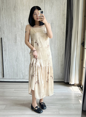 自制新中式杏色吊带海边裙复古玫瑰连衣裙女夏高级感长裙内搭