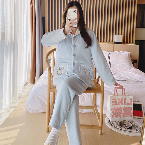 冬季婴儿绒三层加厚哺乳衣睡衣