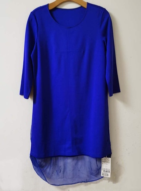 欧蒂fu拼接桑蚕丝圆领中袖连衣裙