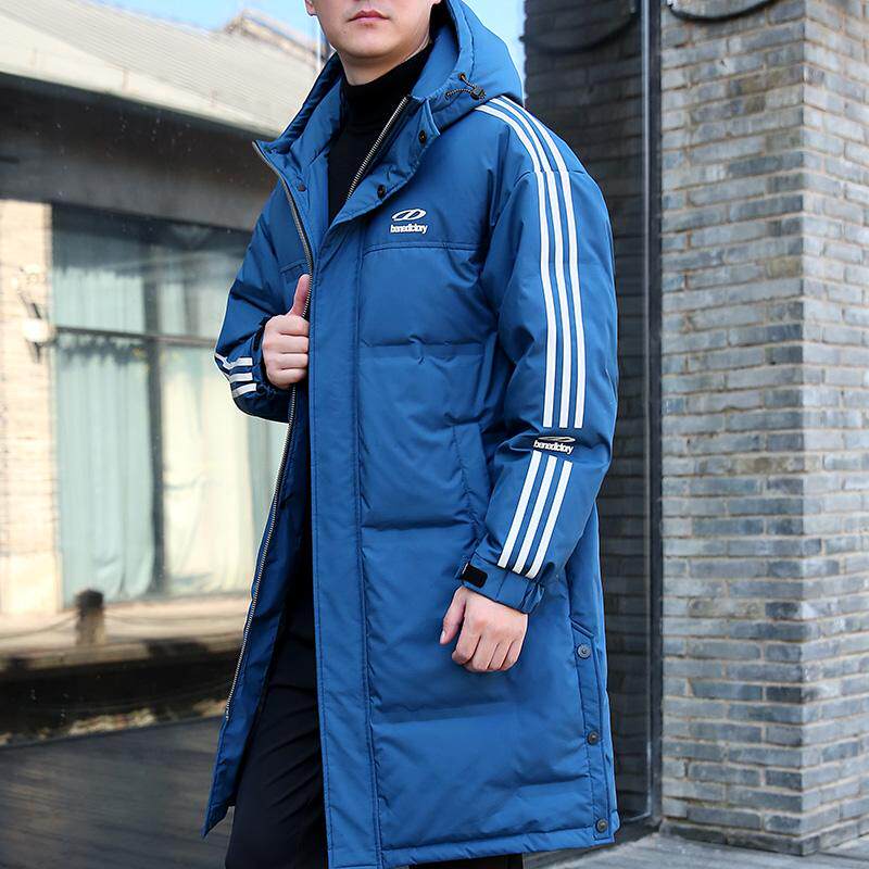 胖子加大码过膝长款羽绒服男连帽三条杠东北过冬中长款防寒服外套