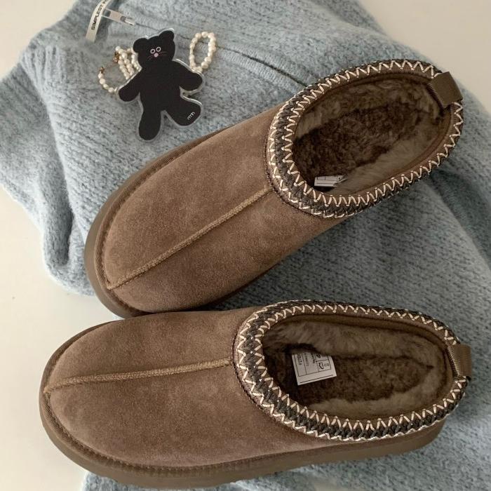 Opening韩国女鞋复古桃木色加绒半拖鞋博主同款百搭真皮保暖棉鞋