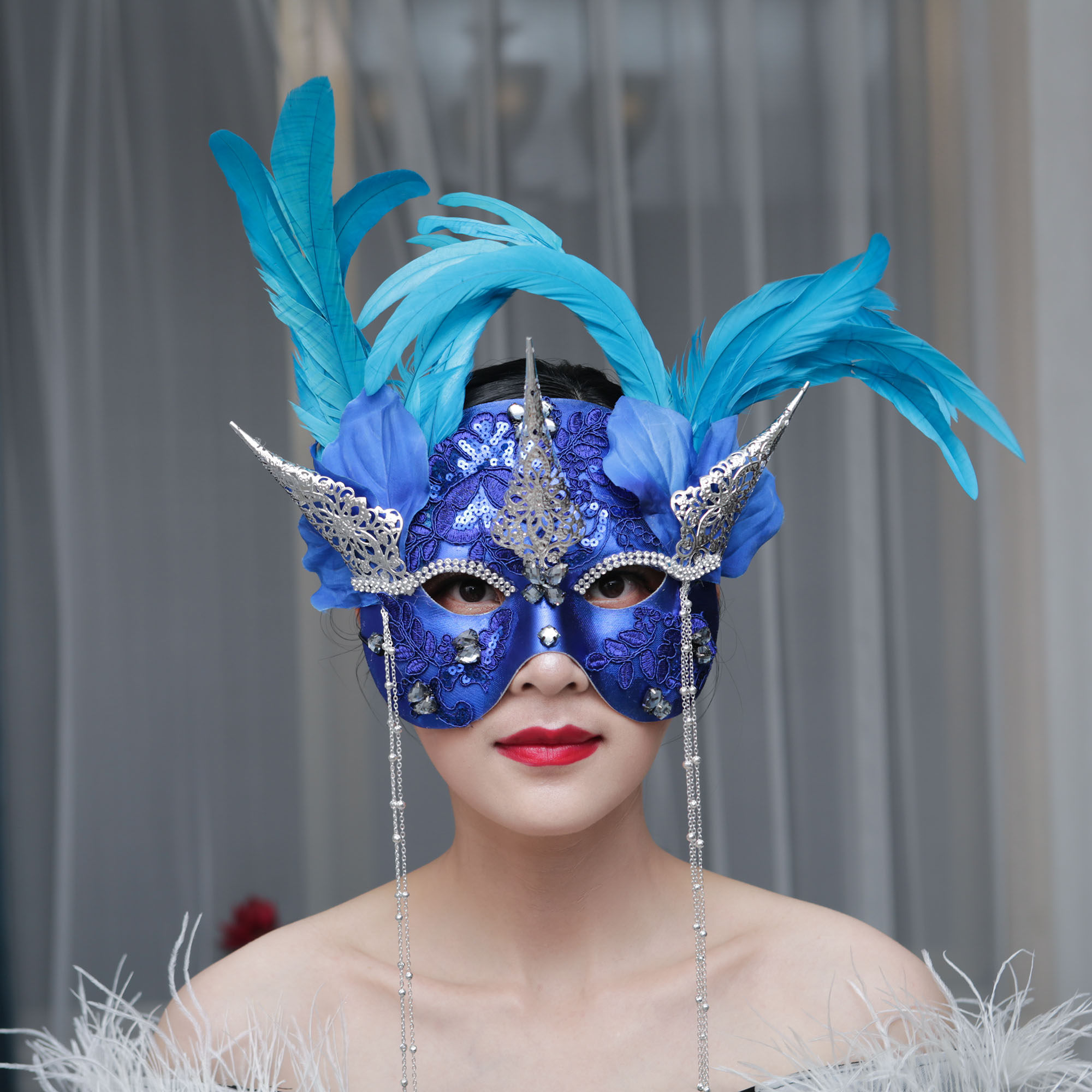欧美夸张威尼斯蓝色花朵面具羽毛蒙面歌王万圣节狂欢假面舞会派对