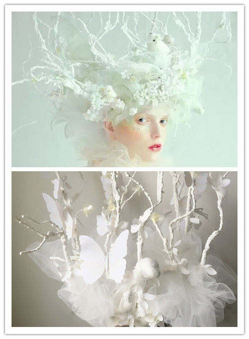 创意新娘夸张走秀彩妆造型森系花朵小鸟鸟巢树枝头纱表演头饰