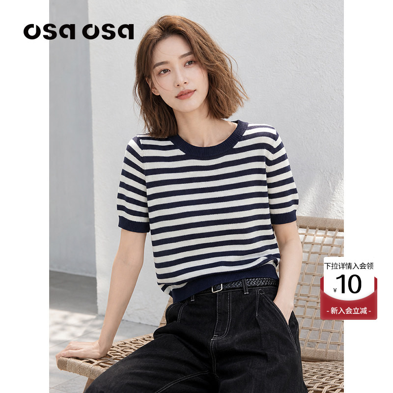 OSA呼吸感条纹撞色针织衫短袖图片