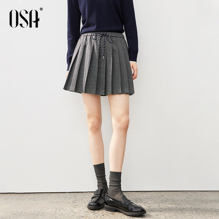 OSA欧莎学院风系带百褶半身裙女春季新款灰色格纹高腰显瘦短裙子