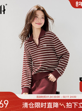 OSA欧莎安可拉红学院风条纹卫衣女2025秋季新款宽松套头翻领上衣
