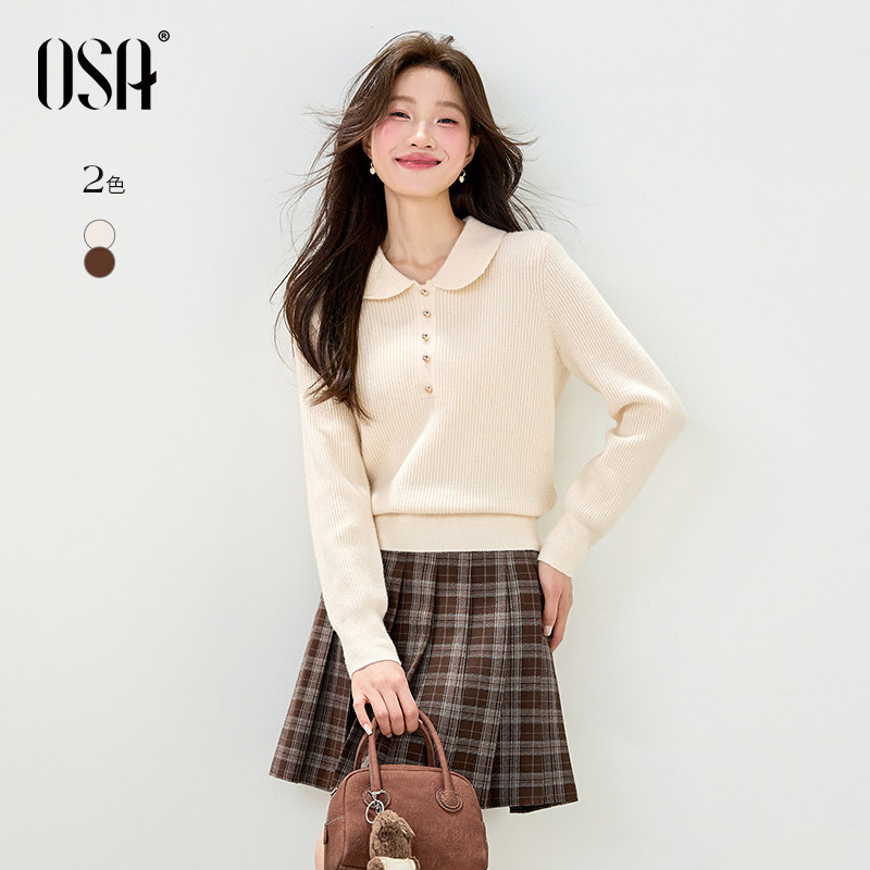 OSA欧莎复古学院风娃娃领针织衫女冬季2025新款宽松显瘦套头上衣