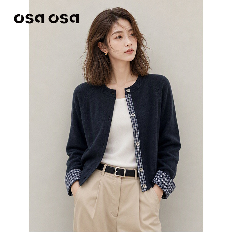 OSA欧莎复古格纹拼接针织开衫女通勤百搭毛衣2026年秋季新款上衣