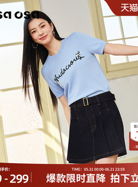 OSA欧莎雾蓝色圆领字母短袖针织衫女薄款猫咪刺绣T恤夏季新款上衣