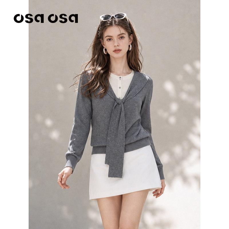 OSA欧莎2026秋季新款法式假两件绑带针织衫女软糯海军领毛衣上衣