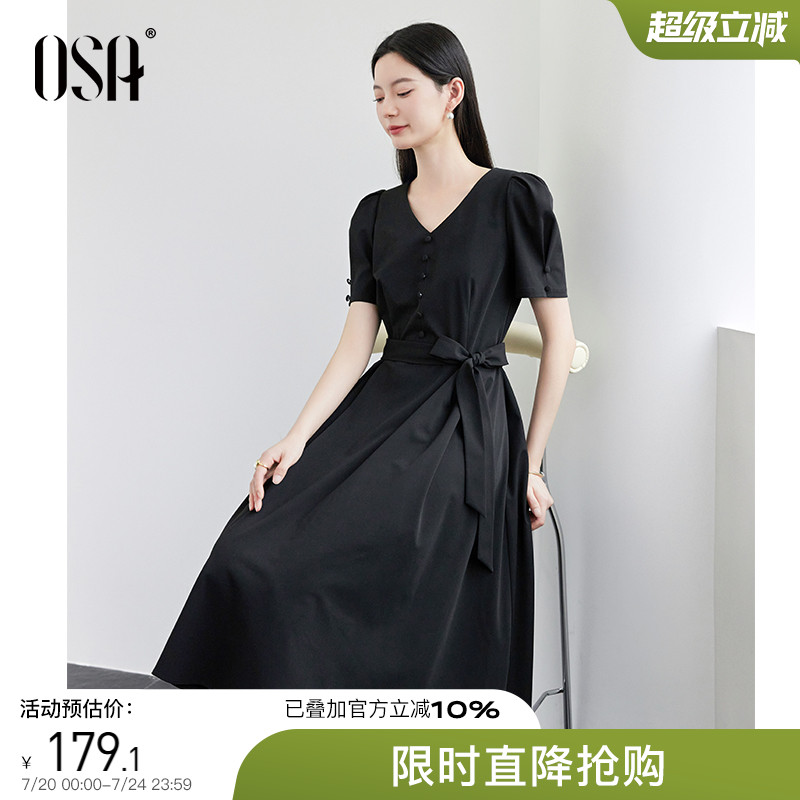 OSA收腰显瘦V领黑色泡泡袖连衣裙