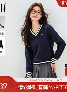 【智慧针织】OSA欧莎撞色V领针织衫女秋季新款减龄学院风通勤上衣