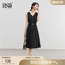 OSA欧莎黑色V领无袖连衣裙女士背心裙2025年新款秋季收腰显瘦裙子
